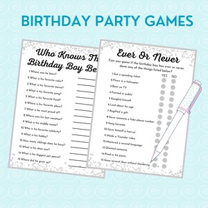 May include: Two printable birthday party game cards with a silver glitter background. The first card is titled "Who Knows The Birthday Boy Best?" and has 15 questions about the birthday person. The second card is titled "Ever or Never?" and has 15 questions about whether the birthday person has ever done something.  The questions are answered by checking "yes" or "no" in a circle.