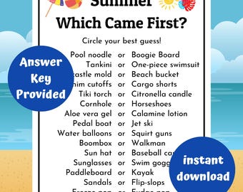Puede incluir: Un juego de verano imprimible en blanco titulado "Which Came First?" con una lista de artículos de verano. Las palabras "Answer Key Provided" e "instant download" están en círculos azules. La parte superior tiene ilustraciones de un sol, un paraguas y una pelota de playa.