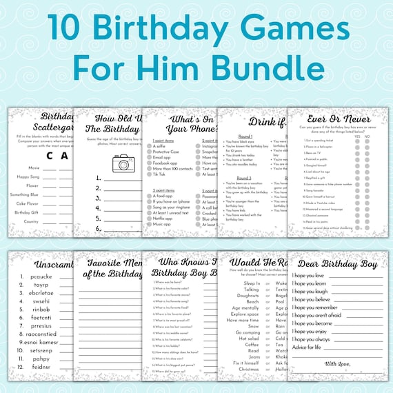 10 Printable Birthday Games For Him Bundle | Adult Birthday Games | 20th 30th 40th 50th Men's Birthday Party Games | Bday Games Bundle