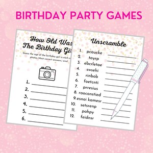 May include: Two printable game cards for a birthday party. The first card has a camera icon and the text "How Old Was The Birthday Girl?" with instructions to guess the age of the birthday girl in each photo. The second card has the text "Unscramble" and a list of 12 words to unscramble.