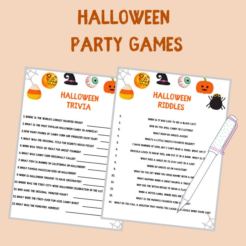 K&ouml;nnte beinhalten: Zwei druckbare Halloween-Partyspielbl&auml;tter mit Illustrationen von einer Spinne, Maisbonbons, einem Hexenhut und einem K&uuml;rbis. Das erste Blatt ist ein Quizspiel mit Fragen zu Halloween-Traditionen und -Geschichte. Das zweite Blatt ist ein R&auml;tselspiel mit Fragen zu Halloween-Charakteren und -Ereignissen.