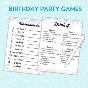 May include: A printable birthday party game with two sections: "Unscramble" and "Drink if..." The "Unscramble" section has 12 words to unscramble. The "Drink if..." section has four rounds of drinking game prompts.