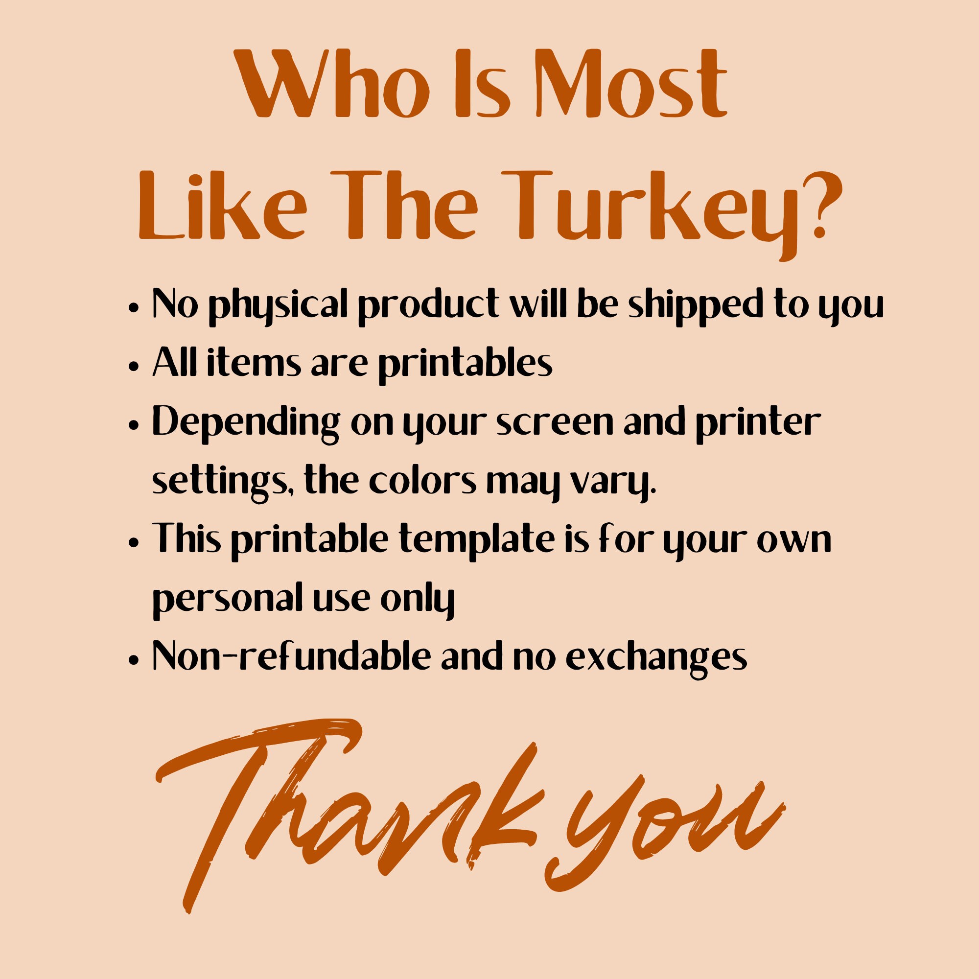Who is Most Like the Turkey Game thanksgiving Game Printable