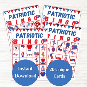 Bingo imprimible, 20 cartones, cartones de bingo patrióticos, juegos de fiesta del 4 de julio, Día de los Caídos, azul blanco rojo, actividad para personas mayores, juego para niños