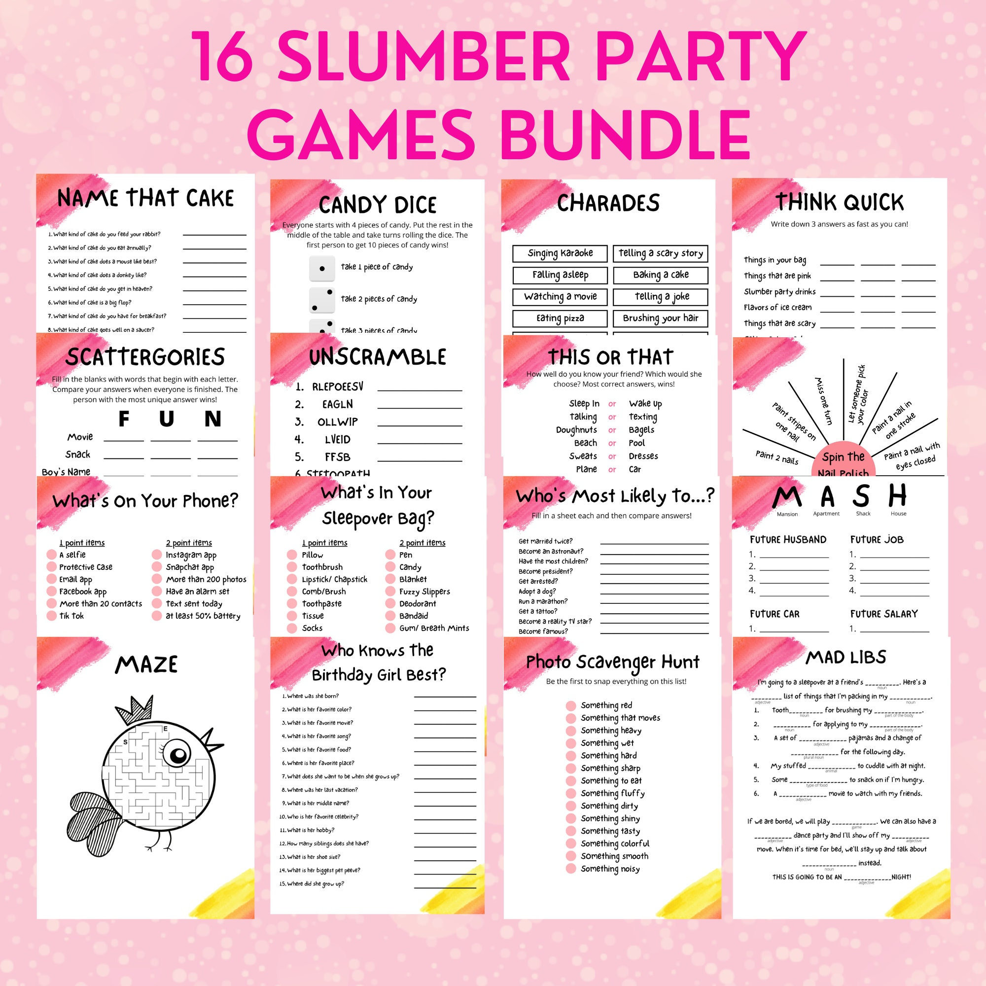 Fun Teen Girls Birthday Games What's on Your Phone Girls Sleepover Party  Games Pajama Party Age 12, 13, 14,15,16,17 Tween,sweet 16 