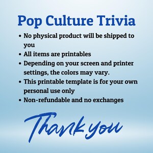 Puede incluir: Un gr&aacute;fico digital con el texto "Pop Culture Trivia" en azul. Los puntos de vi&ntilde;eta a continuaci&oacute;n indican los detalles del producto, incluido que es una plantilla imprimible para uso personal. Las palabras "Thank you" est&aacute;n escritas en azul.