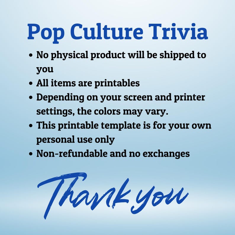 Puede incluir: Un gr&aacute;fico digital con el texto "Pop Culture Trivia" en azul. Los puntos de vi&ntilde;eta a continuaci&oacute;n indican los detalles del producto, incluido que es una plantilla imprimible para uso personal. Las palabras "Thank you" est&aacute;n escritas en azul.