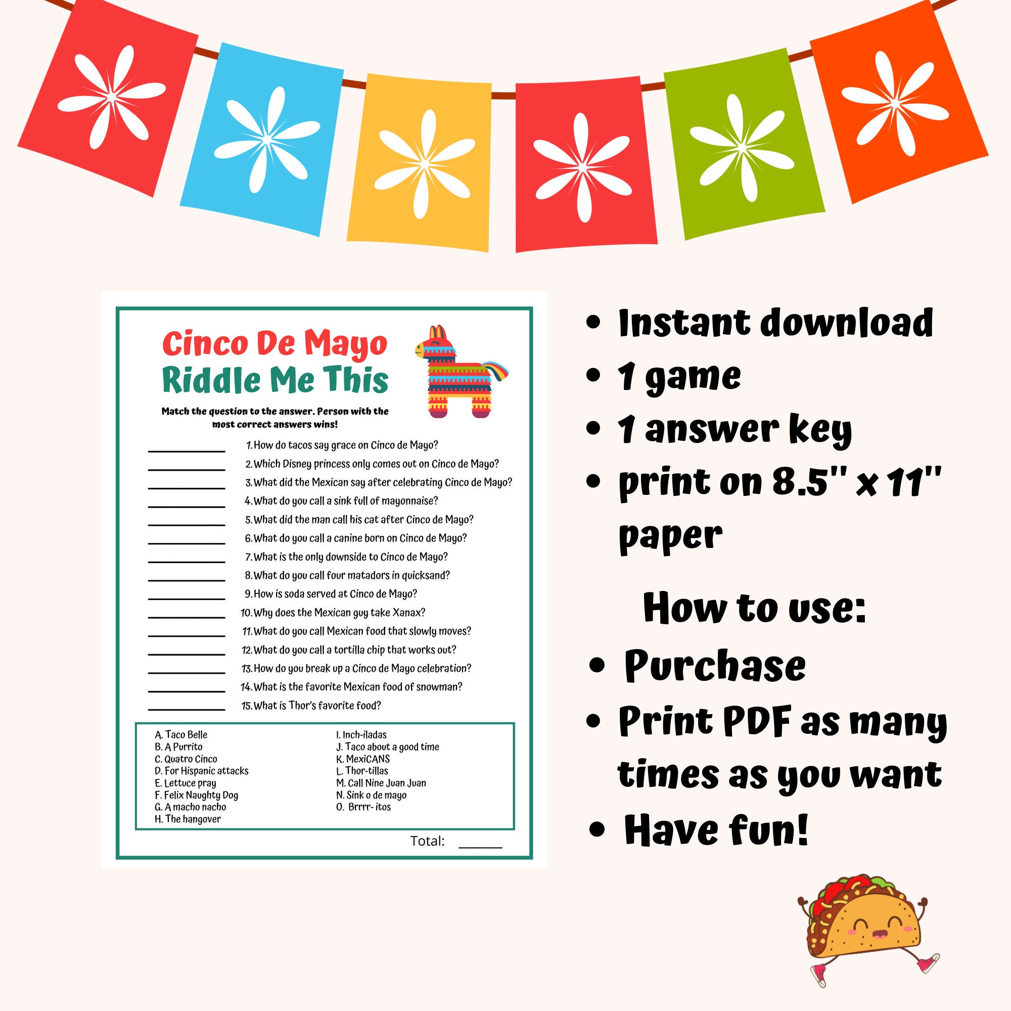 Cinco De Mayo Riddles Party Game Mexican Party Game Fiesta Jokes