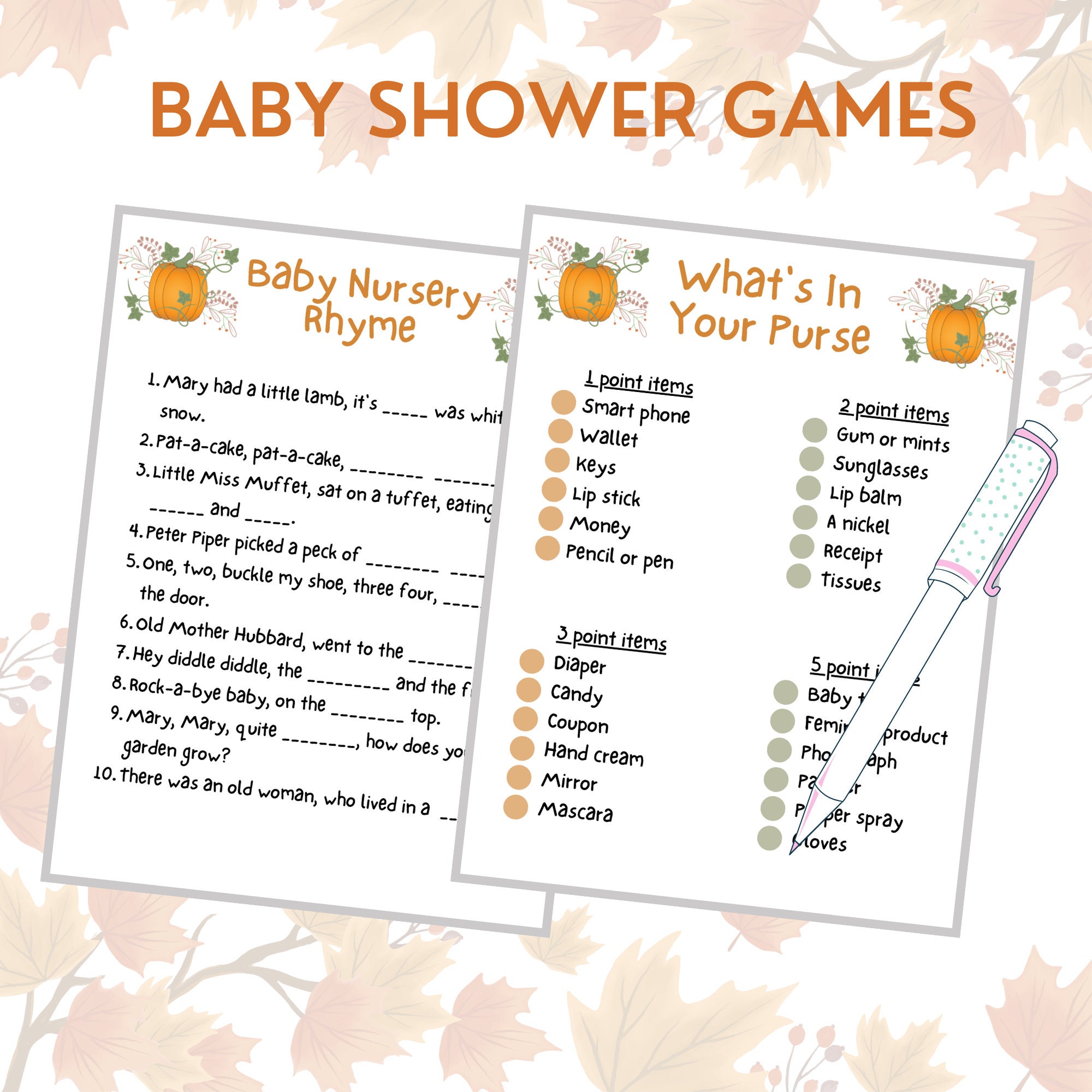 22 Pumpkin Baby Shower Games Printable Fall Baby Shower Games Autumn ...