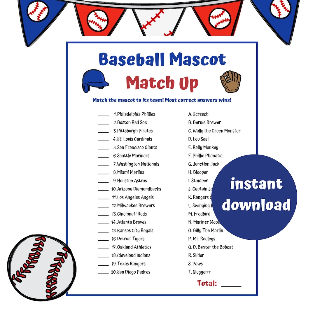 Baseball Mascot Match up Trivia Baseball Team Party Games