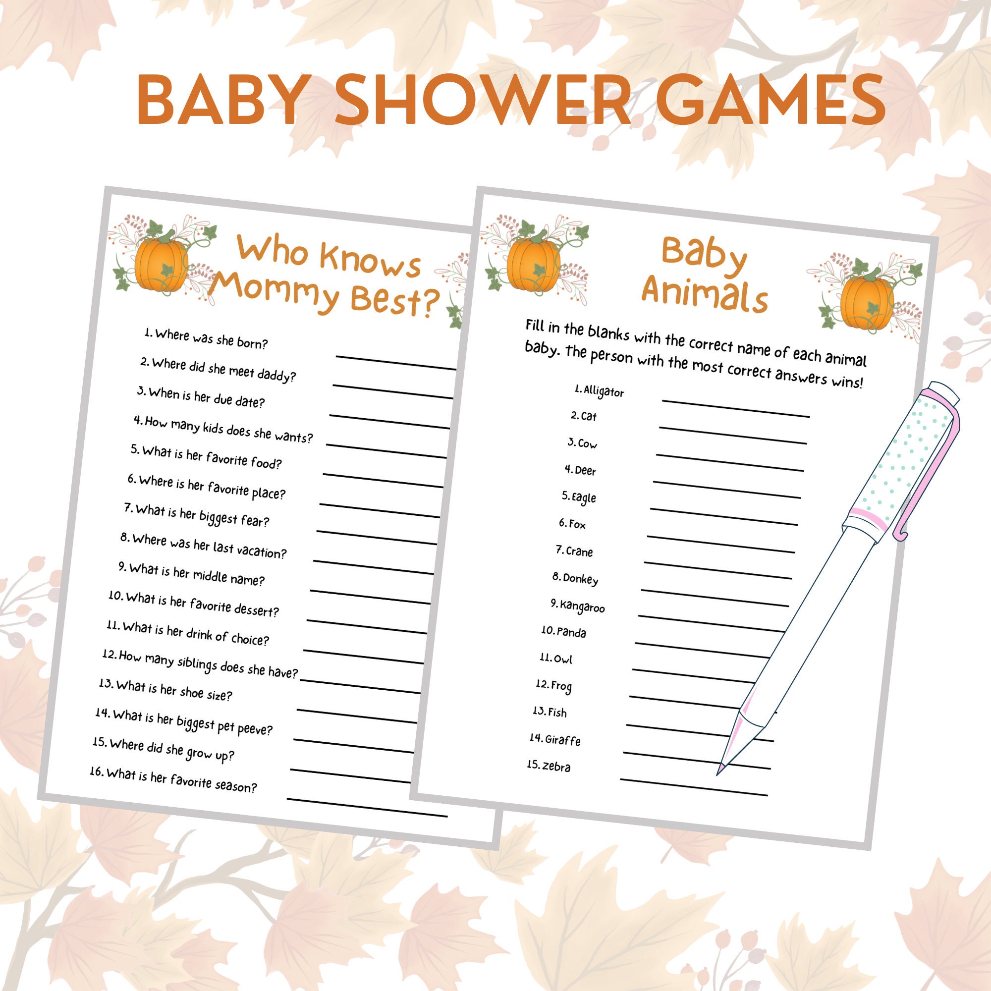 22 Pumpkin Baby Shower Games Printable Fall Baby Shower Games Autumn ...