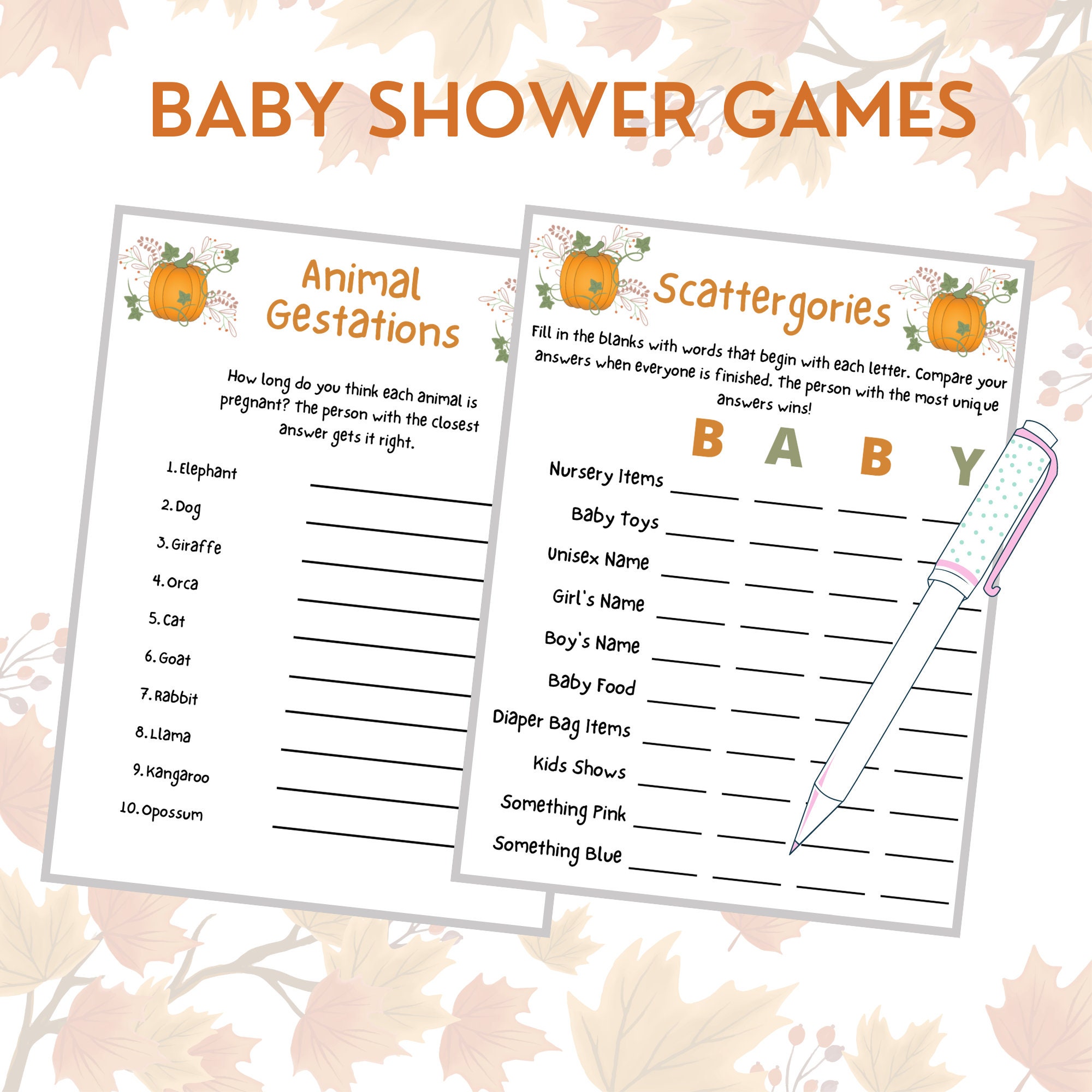 22 Pumpkin Baby Shower Games Printable Fall Baby Shower Games Autumn ...