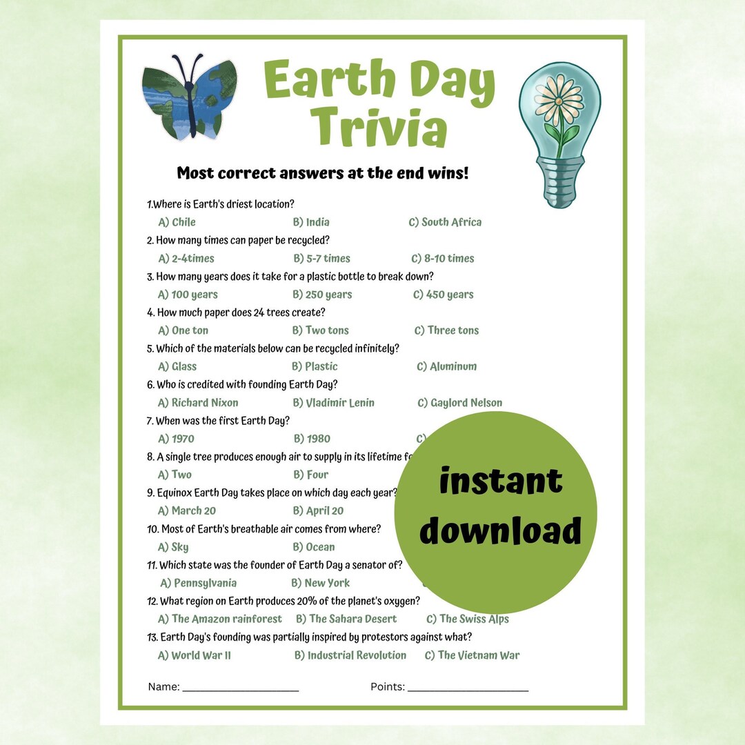 Earth Day Trivia Earth Day Party Game Environmental Activity for Adults