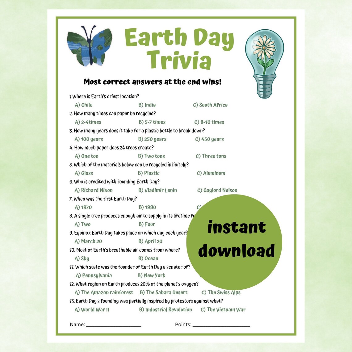 Earth Day Trivia Earth Day Party Game Environmental Activity for Adults