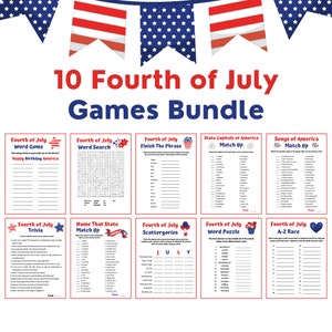 10 Fourth of July Games Bundle | Independence Day | Patriotic Games | Patriotic Party | July 4th Classroom Activity | Word Search |Trivia