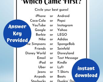 Which Came First Trivia Game | Printable Trivia Game Quiz | Office Game | Ice Breaker Game | Party Game | Family Trivia Night | Age Game
