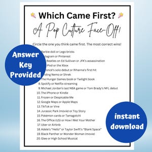 以下が含まれることがあります： 「Which Came First? A Pop Culture Face-Off!」というタイトルの、ポップカルチャーに関する質問リストが記載された白黒印刷可能なゲーム。青い円の中に「Answer Key Provided」と「instant download」の文字が含まれています。