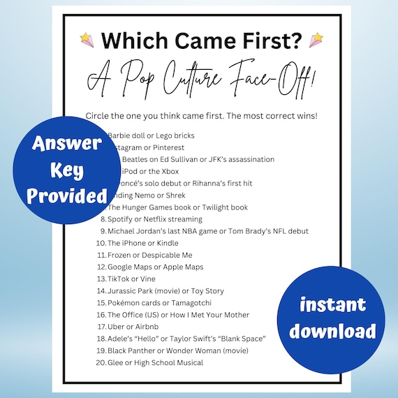 Pop Culture Trivia Game | Which Came First Quiz | Printable Trivia Game for Kids & Adults | Family Game Night | Office Party Fun Icebreaker