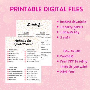May include: Printable digital files for a party game called "What's On Your Phone?" with a pink and gold background. The game includes four rounds of questions about what is on a person's phone. The game is designed to be played with friends or family.