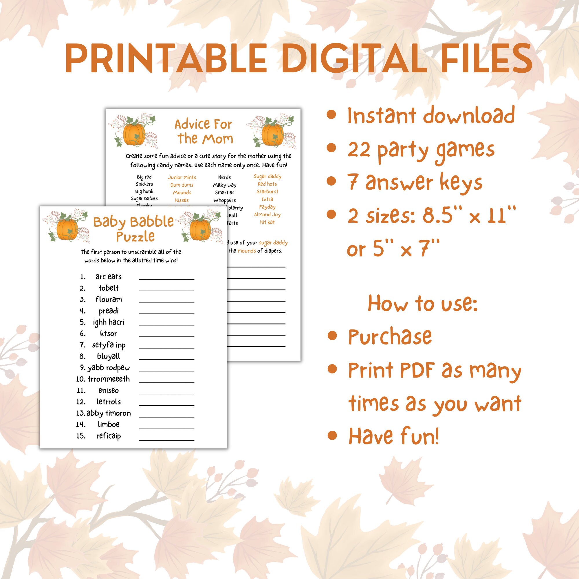 22 Pumpkin Baby Shower Games Printable Fall Baby Shower Games Autumn ...