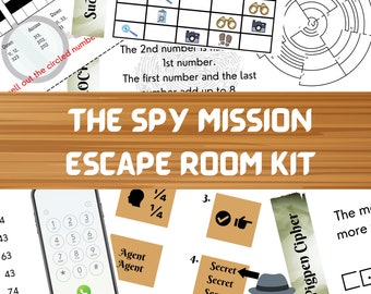 May include: A printable escape room kit with a spy theme. The kit includes a variety of puzzles and challenges, including a Sudoku puzzle, a cipher, and a maze. The kit is perfect for a fun and engaging party or activity.