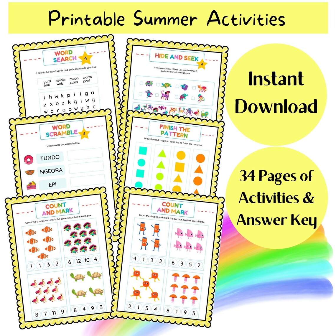 34 Kids Activities Printable Summer Activity Bundle Summer Worksheets ...