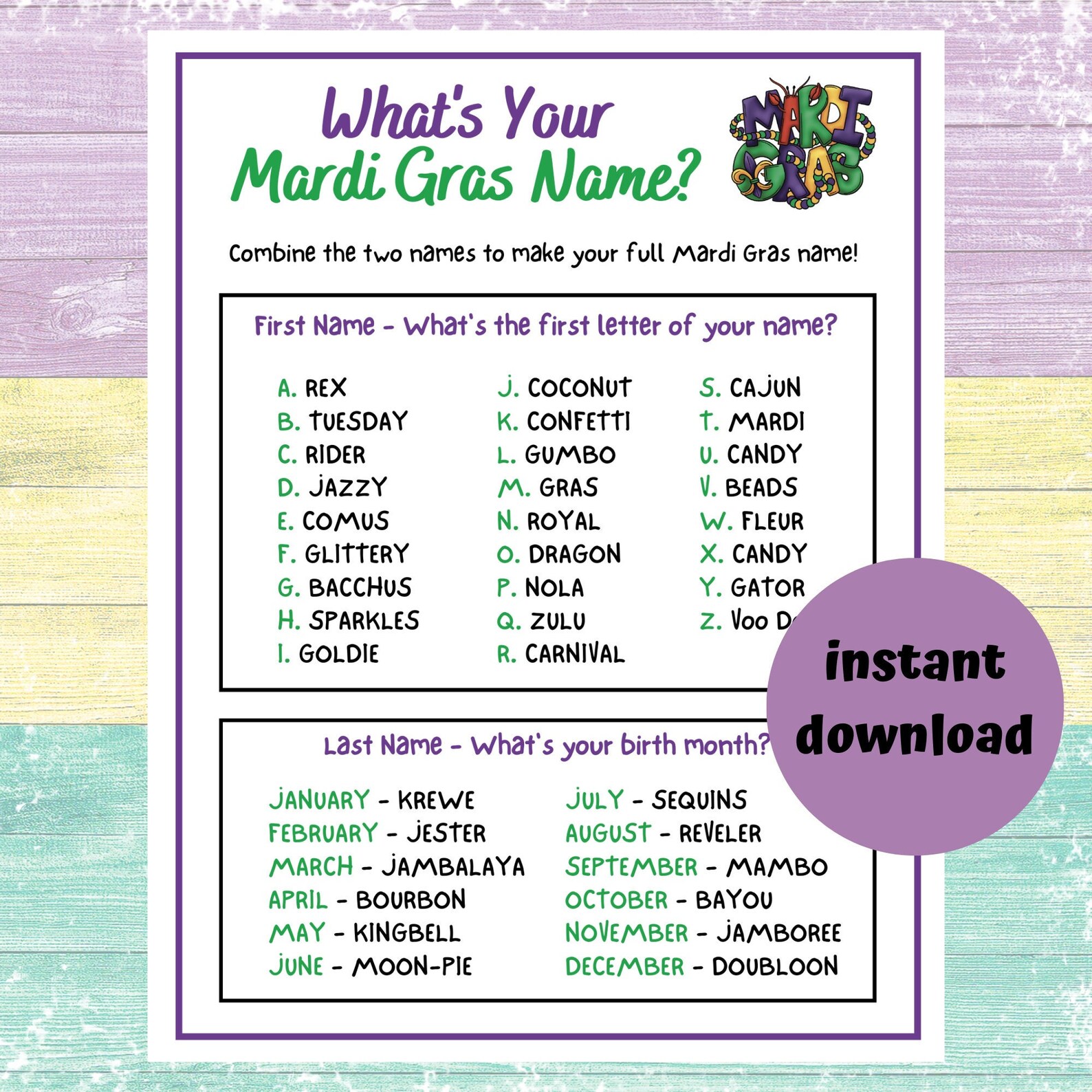 What's Your Mardi Gras Name Game | Printable Mardi Gras Game| Instant ...
