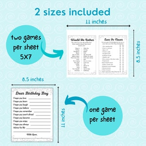 May include: Two printable game sheets for a birthday party. The sheets are 8.5 inches by 11 inches and feature two games: "Would He Rather" and "Ever or Never". There is also a printable sheet for a birthday boy with the text "Dear Birthday Boy" and space for writing messages.