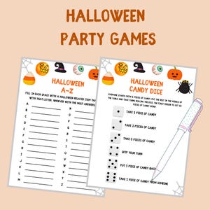 K&ouml;nnte beinhalten: Zwei druckbare Halloween-Partyspielkarten. Die erste Karte ist ein Ausf&uuml;llspiel von A bis Z mit einem Halloween-Thema. Die zweite Karte ist ein Halloween-S&uuml;&szlig;igkeiten-W&uuml;rfelspiel mit Anweisungen, die W&uuml;rfel zu w&uuml;rfeln und S&uuml;&szlig;igkeiten zu nehmen.