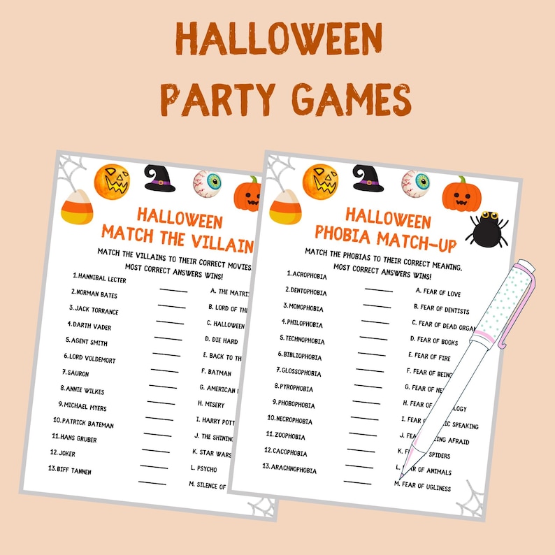 K&ouml;nnte beinhalten: Zwei druckbare Halloween-Partyspielbl&auml;tter mit einem gruseligen Thema. Das erste Blatt ist mit "Halloween Match the Villain" betitelt und fordert die Spieler auf, die Schurken mit ihren richtigen Filmen zu matchen. Das zweite Blatt ist mit "Halloween Phobia Match-Up" betitelt und fordert die Spieler auf, die Phobien mit ihren richtigen Bedeutungen zu matchen.