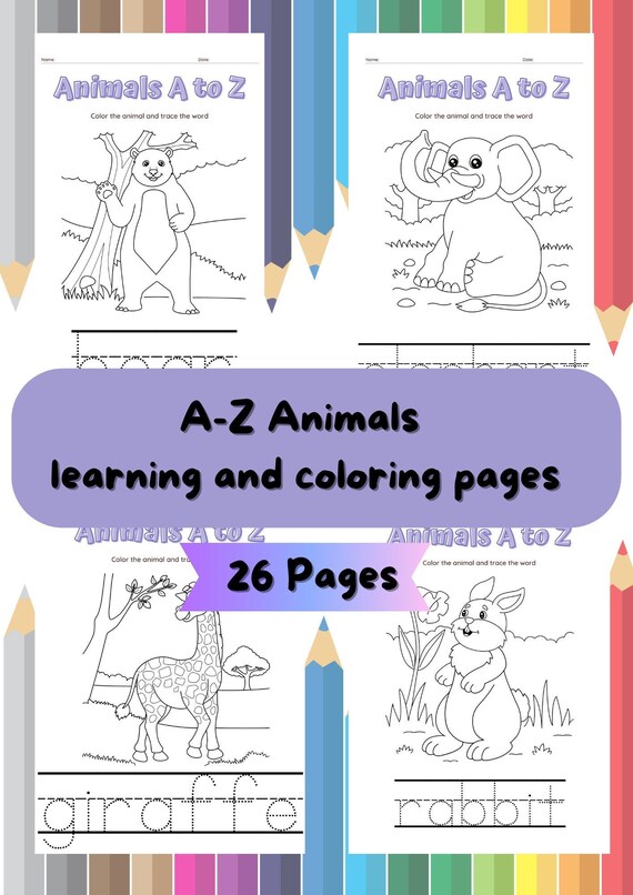 26 Printable AZ Animal Coloring Pages With Practice Writing Etsy