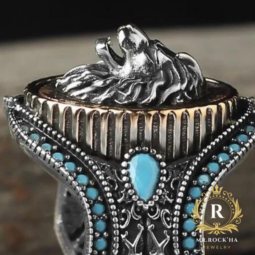 Anello da uomo con leone gotico: fatto a mano in argento sterling 925k, turchese e citrino - Italia