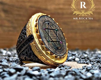 Seal Suleiman-Solomon,Star of David,Rhodium-Gold Plated,Zircon Stones,Handmade Craftsmanship,Engraving Art,925 STERLING Silver Men&#39;s Ring