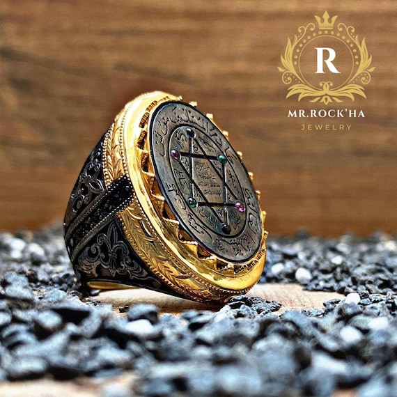 Seal Suleiman-Solomon,Star of David,Rhodium-Gold Plated,Zircon Stones,Handmade Craftsmanship,Engraving Art,925 STERLING Silver Mens Ring