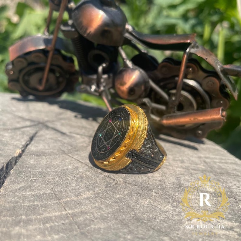Seal Suleiman-Solomon,Star of David,Rhodium-Gold Plated,Zircon Stones,Handmade Craftsmanship,Engraving Art,925 STERLING Silver Mens Ring image 5