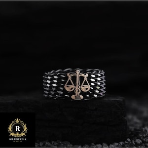 Anillo de plata de ley 925 maciza con diseño de balanza de la justicia, personalizable, grabado artístico, hecho a mano, anillo grueso tejido para hombre