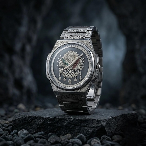 Ottoman Coat of Arms Watch, Engraved Stainless Steel Wristwatch
