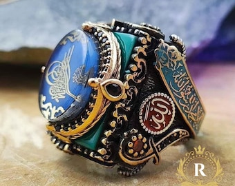 Ottoman Tughra 925 Sterling Silver Mens Ring - Blue Amber & Green Stone