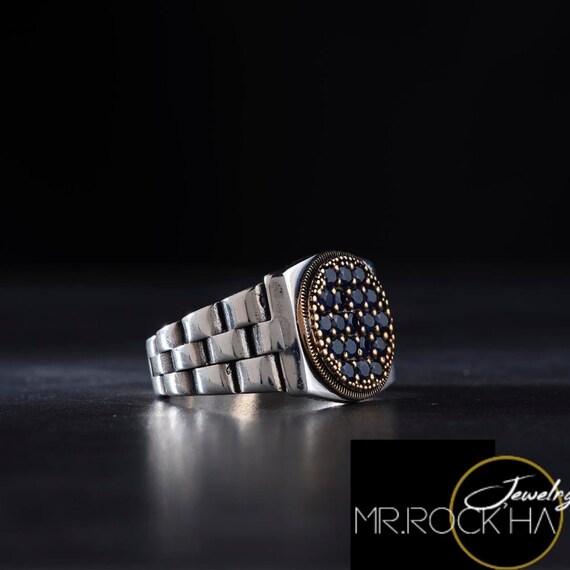 Black Zircon Stone,Rolex Watch Design Processing,Fashion Casual,Round And Square Simple Case,925 Sterling Silver Mens Chunky Pinky Ring
