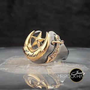Gepersonaliseerde naam geschreven, verguld en gerhodineerd, handgesneden handgemaakte ring, ster- en halve maanontwerp, 925 zilveren herenring, antieke vintage kunst