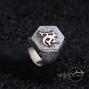 Anillo de plata de ley 925 para hombre, personalizable, con iniciales personalizables, grabado de ondas y flores. Tallado a mano.