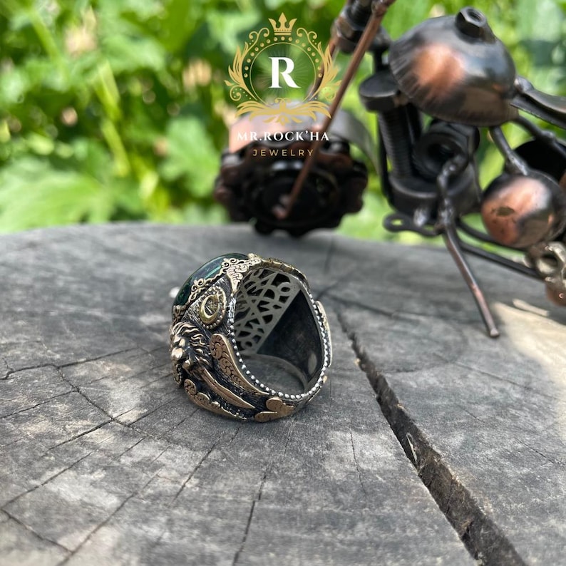 Seal of King Solomon,Star of David,Green Amber Stone,Relief Maned Lion Engraving Processing,925 Sterling Silver Mens Ring,Geniune Stone image 9