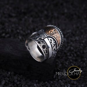 Anillo de pulgar para hombre en plata de ley 925, personalizable, con iniciales personalizables y grabables, circonitas negras, motivos de ondas y flores.