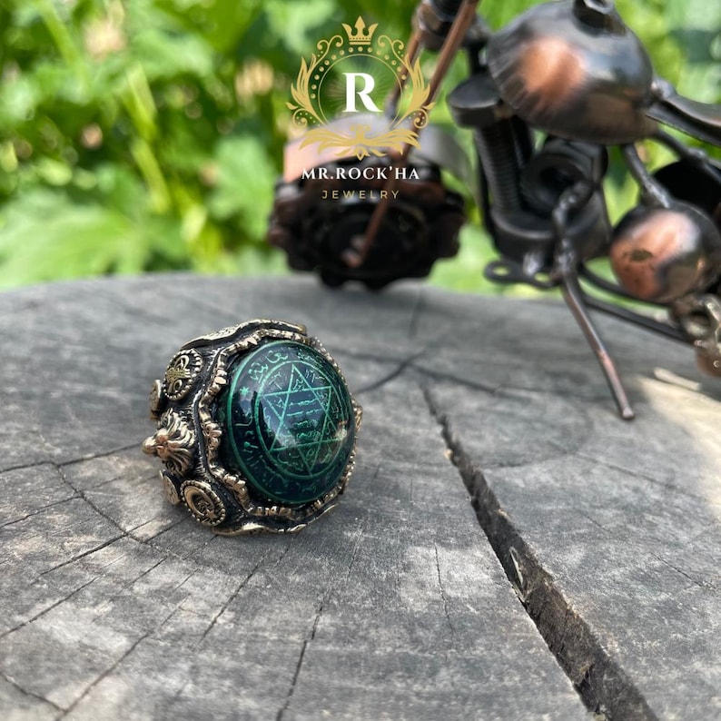 Seal of King Solomon,Star of David,Green Amber Stone,Relief Maned Lion Engraving Processing,925 Sterling Silver Mens Ring,Geniune Stone image 6