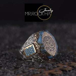 Turquoise steen, Arabisch gebed geschreven, gegraveerd, rechthoekige kast, islamitische moslimontwerp, 925 sterlingzilveren herenring, handgemaakt, met de hand gesneden