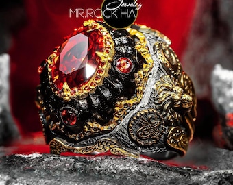 Vergoldeter, roter Zirkonstein, Relief Mähnenlöwe graviert, handgeschnitzter handgemachter privater Ring, 925 Sterlingsilber Herrenring, Geniune Stein