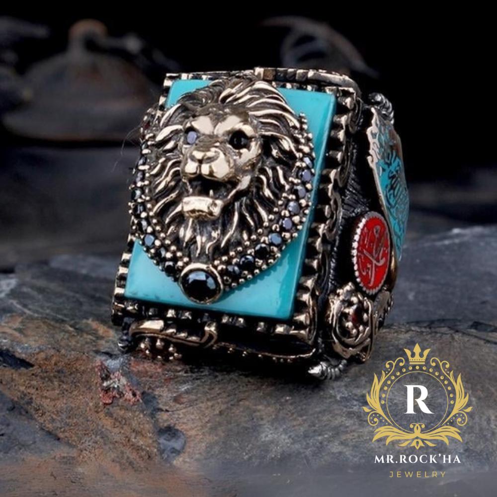 925 Silver Turquoise Lion Head Ring, Square Lion King Signet Ring
