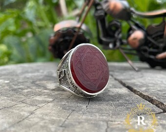 Eight-Pointed Seal of Solomon 925 Sterling Silver Mens Ring: Islamic, Natural Red Agate