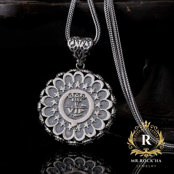 925 Sterling Silver Seal of Prophet Mens Necklace: Black Zircon