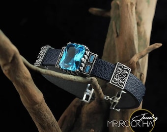 Aquamarin Stein Herren Armband: 925 Sterling Silber & Leder graviert